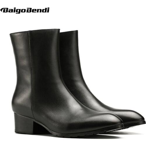 RECOMMAND!! High-heeled Pointed Toe Genuine Leather Brown High Increase Mens Boots Business Man High Heel Formal Dress Shoes