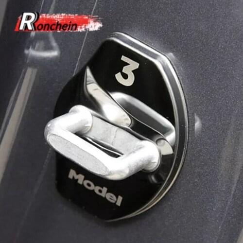 RONCHEIN Metal Door Lock Cover for Tesla Model 3 2016-2020 Carbon Fiber Texture Door Lock Protection Cap Trim 3M Sticker