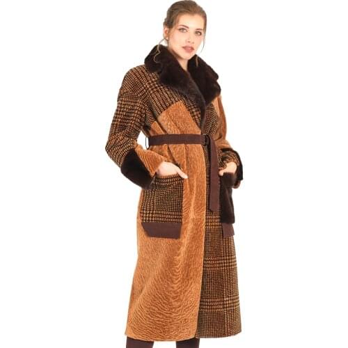 Modaqueen Store Women Camel and Whiskey Color Plaid Pattern Custom Design Mink Fur Coat 2004-V - Luxury Clothing New Season 2021