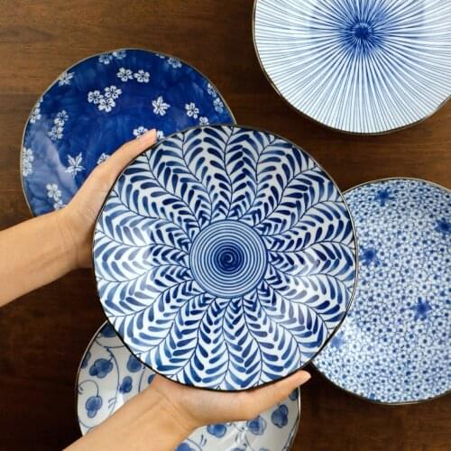 Japanese Ceramic Dinner Plate Set Dish 8 Inch Porcelain Blue ＆ whiteDessert Plate Dinnerware Geometric Western Food Steak Plate