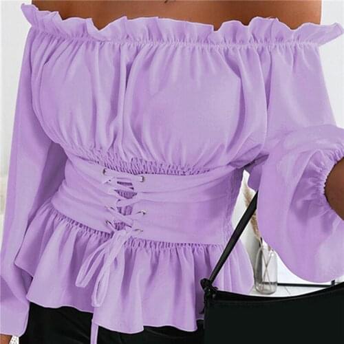 Women Sexy Tops Long Sleeve Summer Tops Temperament Fashion One-word Shoulder Folds Ruffled Women Tops Solid Color For Woman