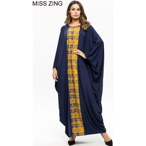Zing Grid Casual Women Bat Sleeve Dress Muslim Abaya Kimono Long Gowns Ramadan Middle East Islamic Prayer Clothing Plus Size