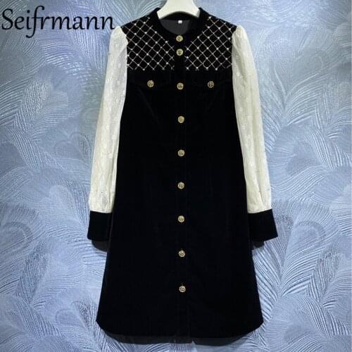 Seifrmann New 2021 Autumn Women Fashion Runway Party Mini Dress Lantern Sleeve Beading Single Breasted Elegant Ladies Dresses