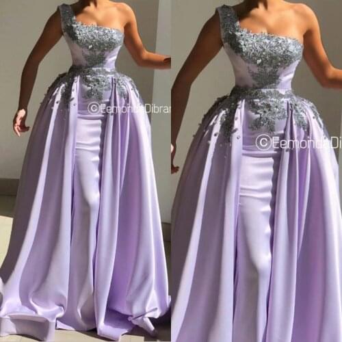 Lavender Evening Dresses with Detachable Skirt Appliqued One Shoulder Mermaid Prom Dress Party Wear Sweep Train Robes De Soirée