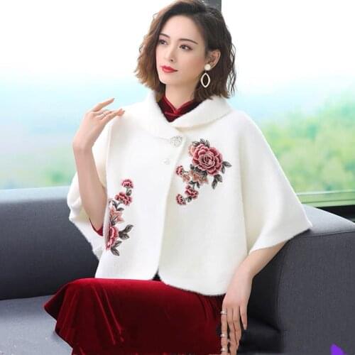 ZJZLL Winter Embroidered Stand-up Collar Sweater Poncho Munti Functional Shawl Wool Feeling Floral Design Winter Women Cape Coat