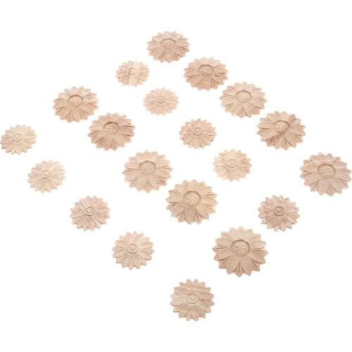 10pcs/2pcs Woodcarving Flower Decal 4.5/6cm Wooden Figurines Corner Craft Chip Round Appliques Frame Wall Door Furniture Decor