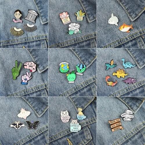 2-5 Pcs/Set Cartoon Teacup Cat Metal Enamel Brooch Cute Dinosaur Earth Potted Whale Emblem Charm Lapel Backpack Jewelry Gift