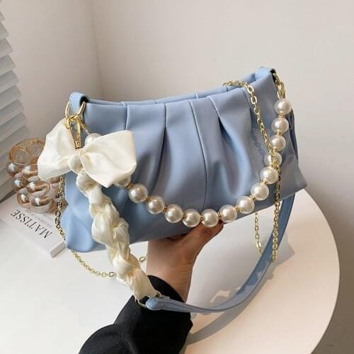 2021 Small PU Leather Underarm Shoulder Crossbody Bag with Short Beading Handle Female Trendy Handbag Luxury Party Chain Tote