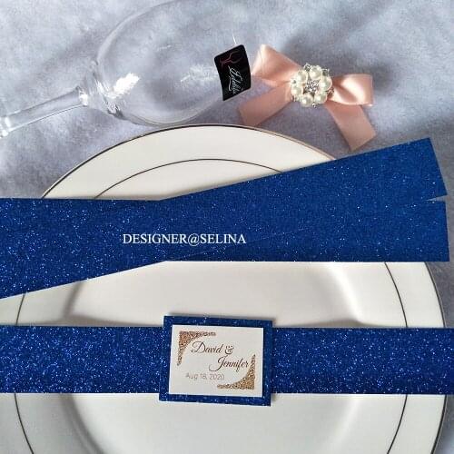 50x Blue Glitter Belly Band and Tag with Glittery Bottom For Wedding Invitations, Invitation Belt, Red Gold Silver Card Wrap