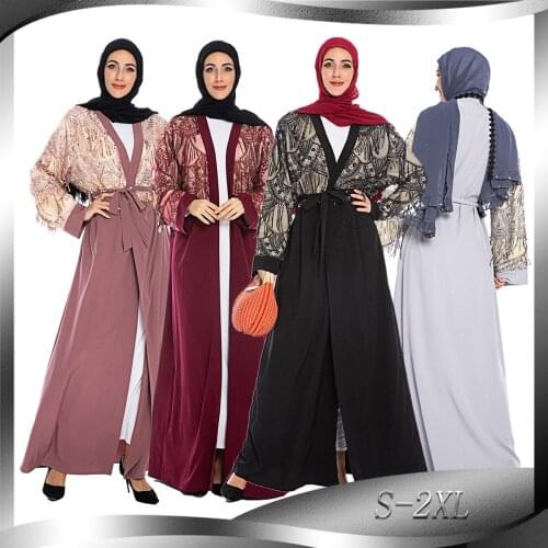 BianFeng Womens Sequined Fringed Muslim Abaya Hijab Dress Elegant Long Sleeve Cardigan Robe