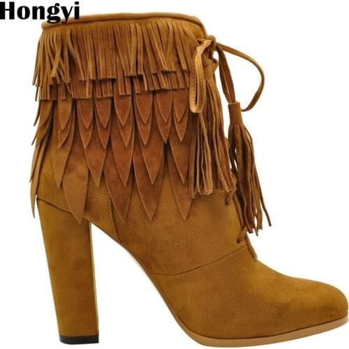 Hongyi Retro Fringe Boots Flock Chunky Feather Women winter warm Akle Short Boots Tassels Big Size Shoes EUR 35-43