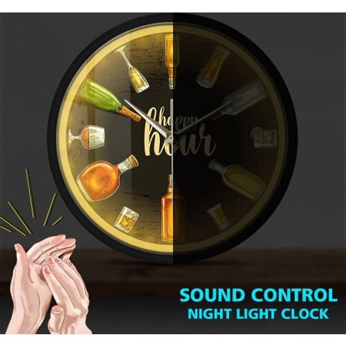 Happy Hour Beer Time Metal Frame Round Clock Wine O'Clock Booze Printed Sound Activated Watch Drinker Alcohol Smart Timepiece