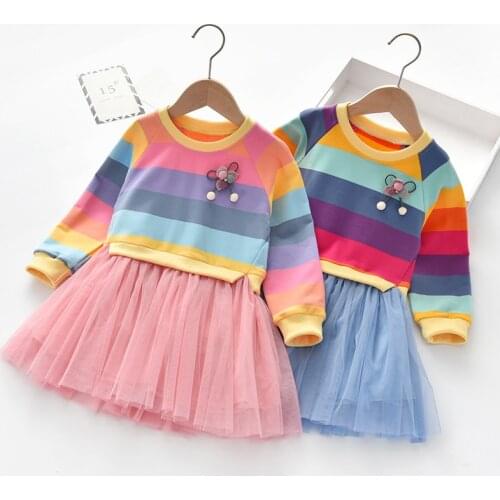Hion toddler Baby Girls Clothing Summer Dress Gir Girls Dress Spring Casual rainbown stripe Long Sleeves lace Mesh Kids Dress