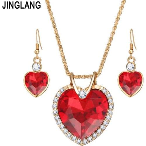 JINGLANG Fashion Women Necklace Earrings Jewelry Sets Rhinestone Crystal Heart Pendants Jewelry Sets For Women Valentines Gift