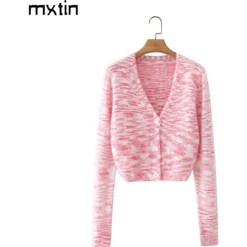 MXTIN 2021 Women Autumn Fashion Cropped Cardigan Sweater Vintage V-Neck Long Sleeve Single Breasted Female Outerwear Chic Tops
