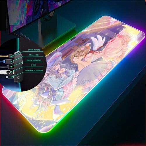 MRG RGB Anime Girl Kawaii Mouse Pad Type-C 4-Port USB Hub LED Large Mousepad XXL Laptop Non-slip Mouse Pad for Cardinal Sakura
