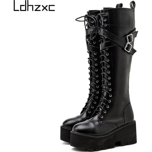 LDHZXC 2020 Fashion Women Boots Autumn Winter Knee High Boots Ladies Thick Sole Platform Shoes Punk Gothic thigh high boots