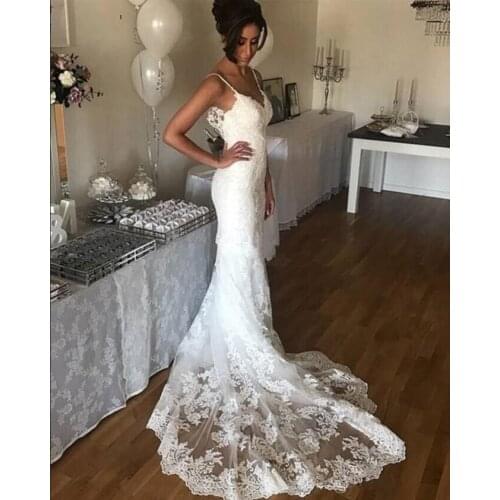 Summer Simple Mermaid Wedding Dresses Cheap Spaghetti Straps Count Train Lace Wedding Dress Custom made Beach Bridal Dress