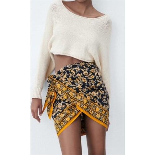 MESTTRAF Women 2021 Fashion With Ties Print Sarong Mini Skirt Vintage High Waist Asymmetric Wrap Female Skirts Streetwear