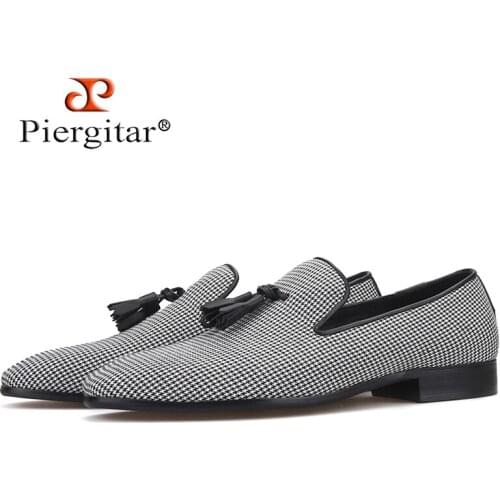 Piergitar 2019 New Three colors Hounds tooth Fabric mens loafers with leather tassel Fashion party and wedding men casual shoes