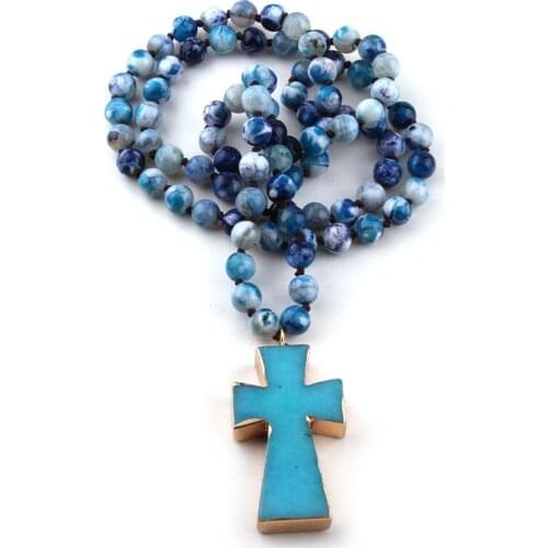 MOODPC Fashion Bohemian Tribal Jewelry Semi -Precious Stones Long Knotted Cross Pendant Necklaces