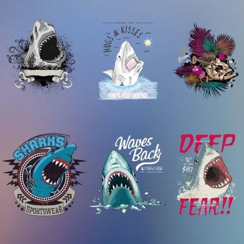 Cartoon Ferocious Shark Pattern On Transfer For Clothing Heat Vinyl Ironing Stickers Decor DIY Appliques Washable