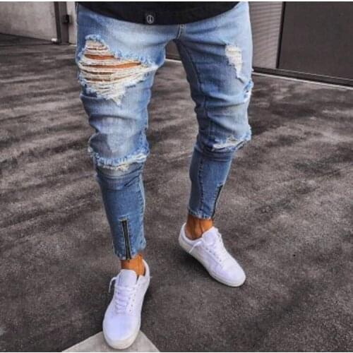 Men casual jeans spring and autumn new fashion washed distressed hole jeans men stretch slim pencil pants hip-hop denim pants