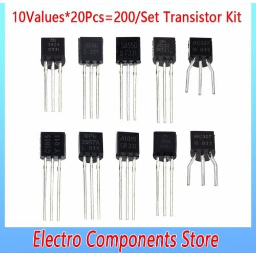 200Pcs 10Values*20Pcs BC337 BC327 2N2222 2N2907 2N3904 2N3906 S8050 S8550 A1015 C1815 Transistors Box Pack Transistor Kit TO-92