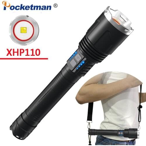 Newest and Brightest XHP110 flashlight powerful flashlight torch lantern use 26650 battery with shoulder strap power display