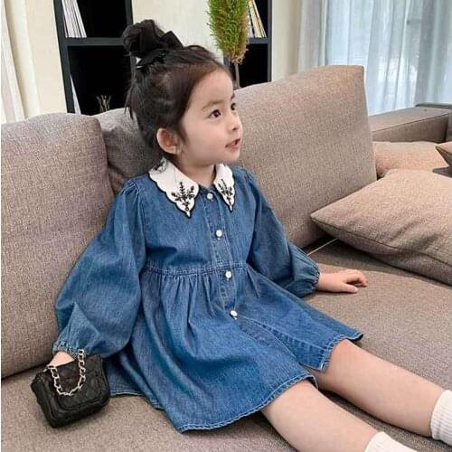 Girls dress autumn 2021 new Korean style denim clothing lapel long bubble sleeve childrens casual party toddler dresses