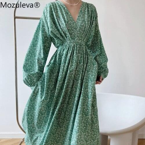 Mozuleva Stylish Chic V-neck Loose Women A-line Dress Spring Ladies Floral Vestidos Elastic Waist Lace-up Female Dress 2021
