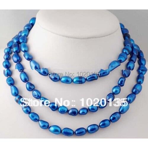 Freshwater pearl baroque deep blue necklace 43" nature wholesale beads FPPJ 7-9mm FOR XMAS GIFT
