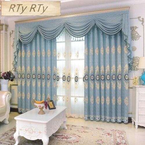 Luxury European Embroidered Blue Curtains for Bedroom Modern Tulle Curtains for Living Room Blue Sheer Curtains for Kitchen