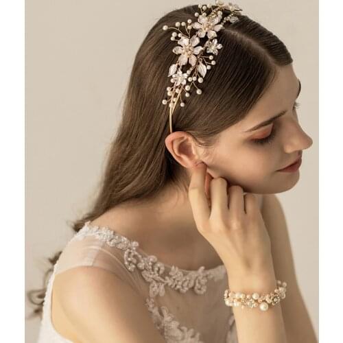 SLBRIDAL Gold Crystals Rhinestones Pearls Flower Leaf Wedding Tiara Headband Bridal Pageant Crown Hair accessories Bridesmaids