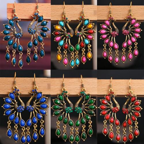 Vintage Womens Peacock Shape Indian Earrings Turkish Blue Stone Beads Carved Alloy Dangle Earrings Gypsy Tribal Wedding Jewelry