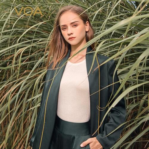 VOA Causal Emerald Autumn Women Trench Coat Split Joint Elegant Long Sleeve Coat Solid Office Long Coat with Belt Trench FE159