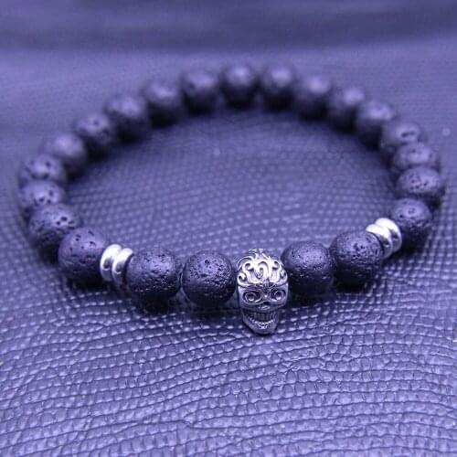 Wonlee Winle 8mm Lava Stone Beaded Stretch Bracelets for Men&Women Stainless Steel Skull Charms Strand Bracelet Jewelry