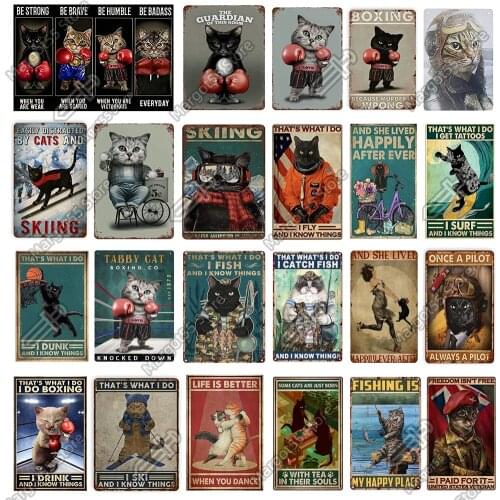 Funny Cat Retro Metal Tin Sign plate for farmhouse coffee kitchen Bar vintage home metal flowers wall decor gift for cat lover