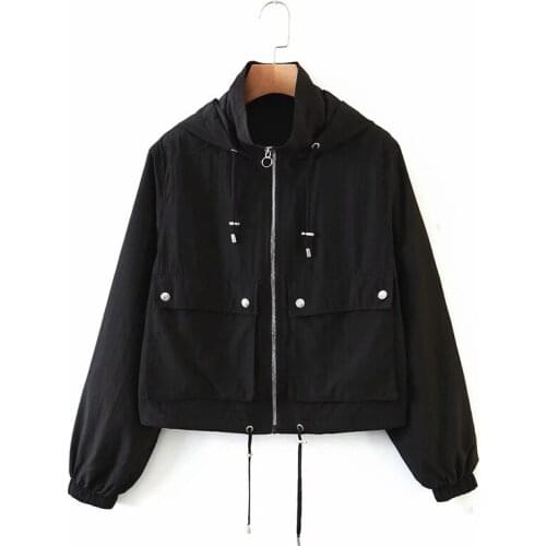 Women casual black short autumn nylon jacket stylish lady drawstring hooded collar long sleeve jackets female pockets outwear