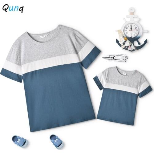 Qunq Father Son T-shirt 2021 New Summer O-neck Casual Shirt for Man Boys Striped Short-sleeved Family Matching Top Clothes