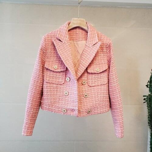 Double Breasted Plaid Tweed Jackets Women Notched Long Sleeve Autumn Winter Outwear Elegant Vintage Wool Coats Designer B588