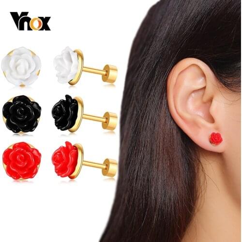 Vnox Elegant Rose Stud Earrings for Women Acrylic Flower Gold Tone Stainless Steel Pin Screw Back Brincos