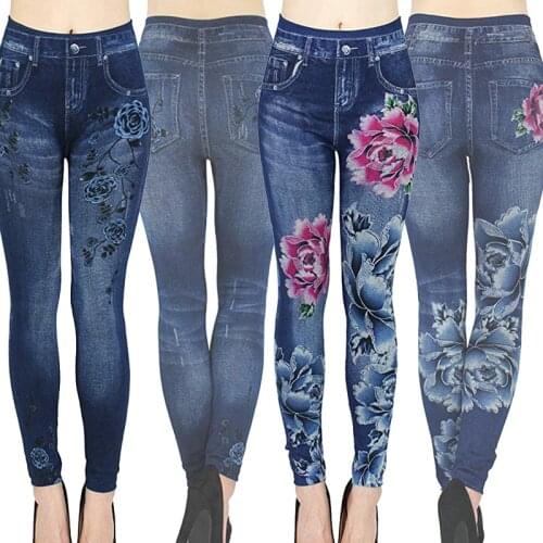 Autumn Women Thermal Leggings Ladies Fleece Faux Denim Seamless Leggings Pants Floral Print Sexy Full Plus Size Pants Streetwear