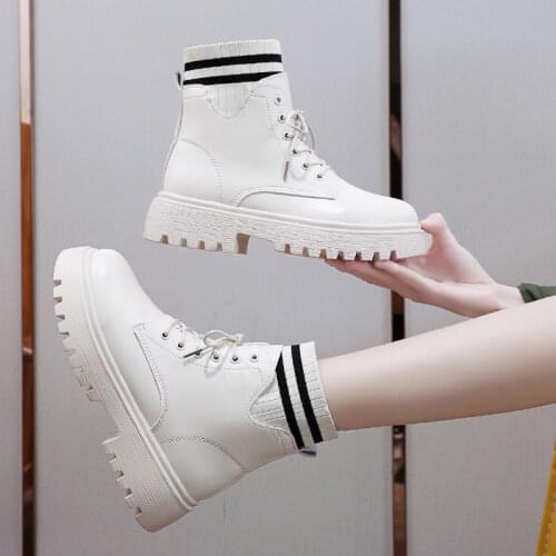 Women 2021 Fashion New British Style Wild Thick-soled Increased Boots Lace Up Retro Round Head Martin Boots
