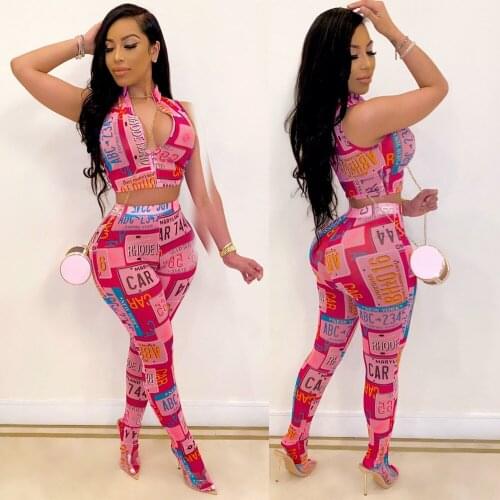 Newspaper Print Tracksuit Women 2 Piece Set 2020 Sleeveless Zipper Crop Top and Skinny Long Pants Club Outfit Casual Streetwear
