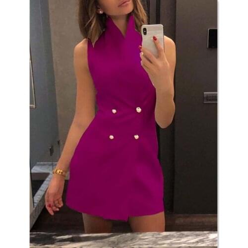 Summer Dresses 2019 New Women Summer Stand Collar Double Breasted Sleeveless High Waist Office Lady Short Dress