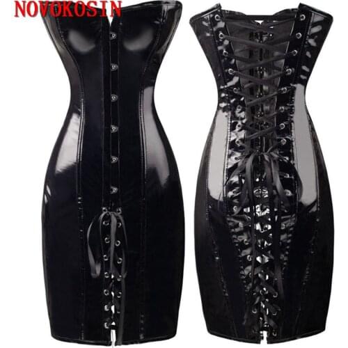 S-2XL Black Red Faux Leather Lady Shaper Underwear 2021 Back Lacing New Fashion PVC Long Bustier Dress Real Sample Sexy Corset