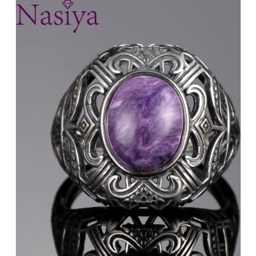 Bohemian Style 8*10mm Natural Stone Ring Charoite Silver Rings for Women Vintage Jewelry for Anniversary Wedding Bands