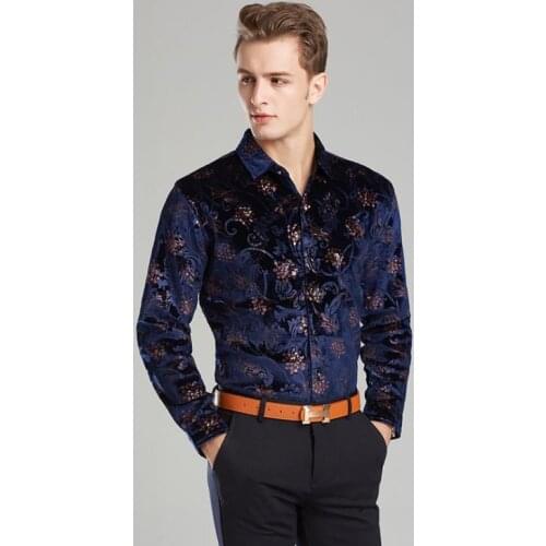 Winter Thick Shirt Mens Velvet Dress Shirts Formal Pattern Black Blue Silk Business Casual Shirt Size M-3XL