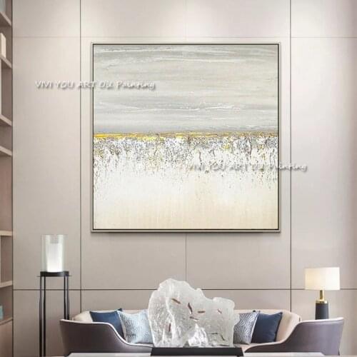 100% Handmade Artwork Abstract White and Gold Foil Oil Painting Hand-painted High Quality White and Golden Abstract Oil Painting